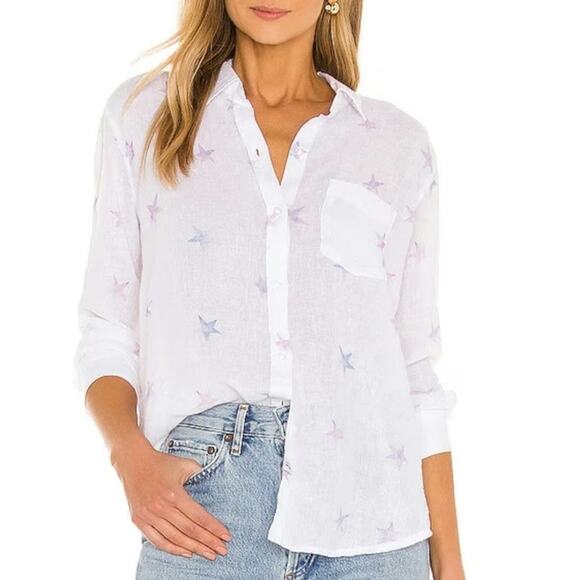 Rails Charli Linen Shirt Tie Dye Stars Button Down White Relaxed Fit Casual L - Picture 1 of 16
